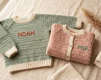 Custom Embroidered Baby Name Sweater Crochet Pattern, Pullover Cardigan PDF