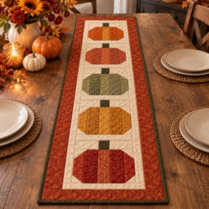 May include: A rectangular quilted table runner featuring a central row of five pieced fabric pumpkins in shades of orange, green, yellow, and red. The runner has a cream-colored inner border and a wide, textured dark orange outer border.