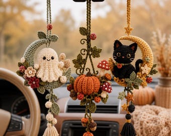 Halloween Crochet Car Hanger Pattern Bundle: Ghost, Pumpkin Mushroom & Black Cat Moon PDF
