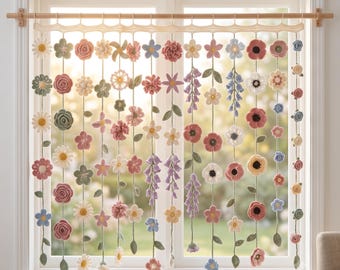 12 Flower Crochet Curtain Pattern, Garden Garland Wall Hanging, Lace Window Decor (English PDF)