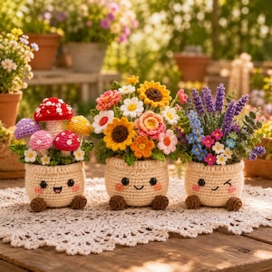 Op de afbeelding: Drie gehaakte planten in beige garen potten met lachende gezichten. De linkerpot bevat rode, roze en gele paddenstoelen. De middelste pot bevat een boeket zonnebloemen en madeliefjes. De rechterpot toont lavendel en blauwe bloemen.