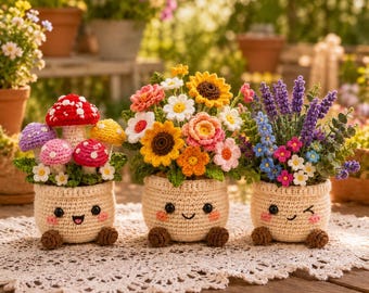 Crochet Flower Pot Pattern Bundle, Mushroom, Sunflower, Lavender Amigurumi (PDF)