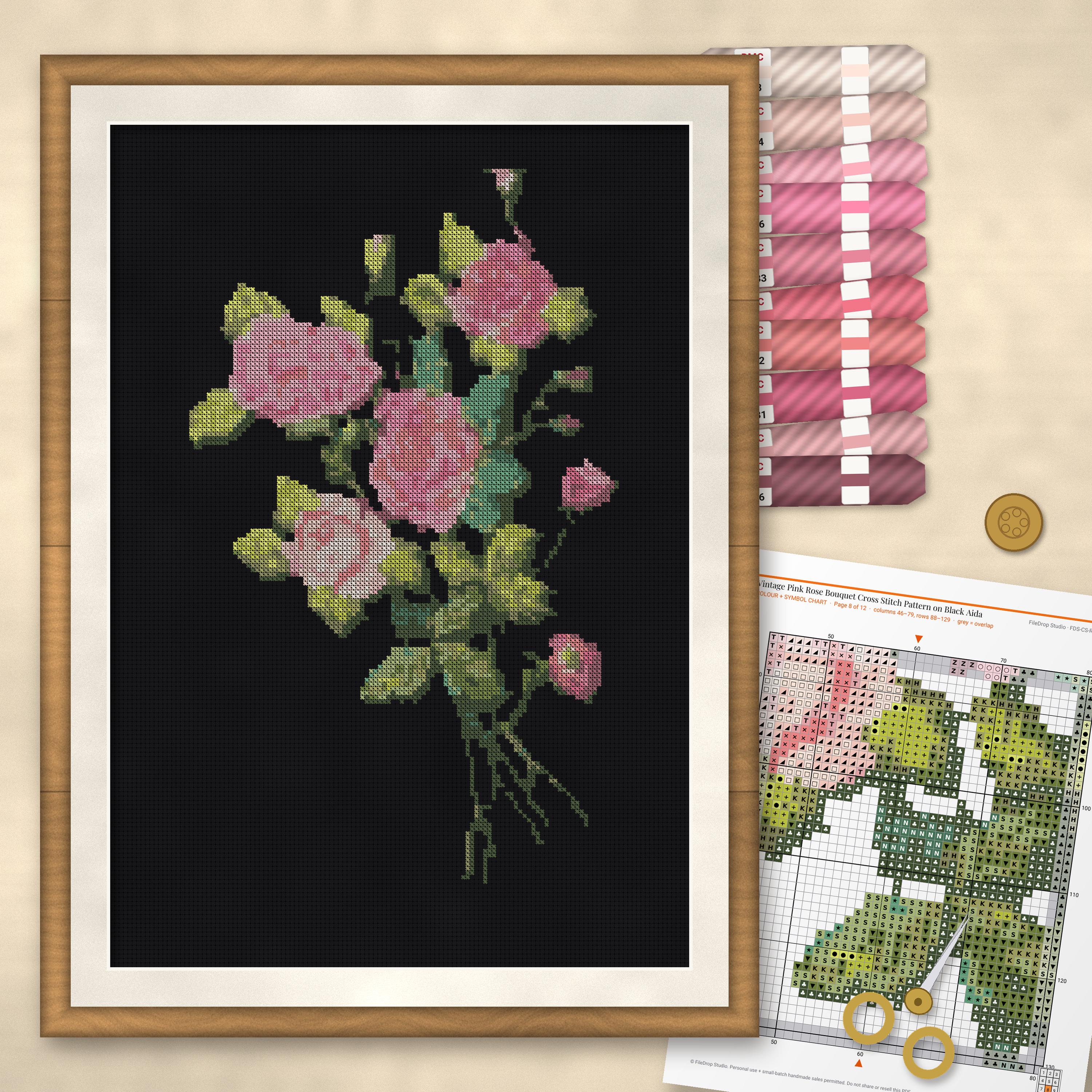 Vintage Pink Rose Bouquet Cross Stitch Pattern on Black Aida, Floral Counted Cross Stitch PDF Chart, Pattern Keeper, DMC