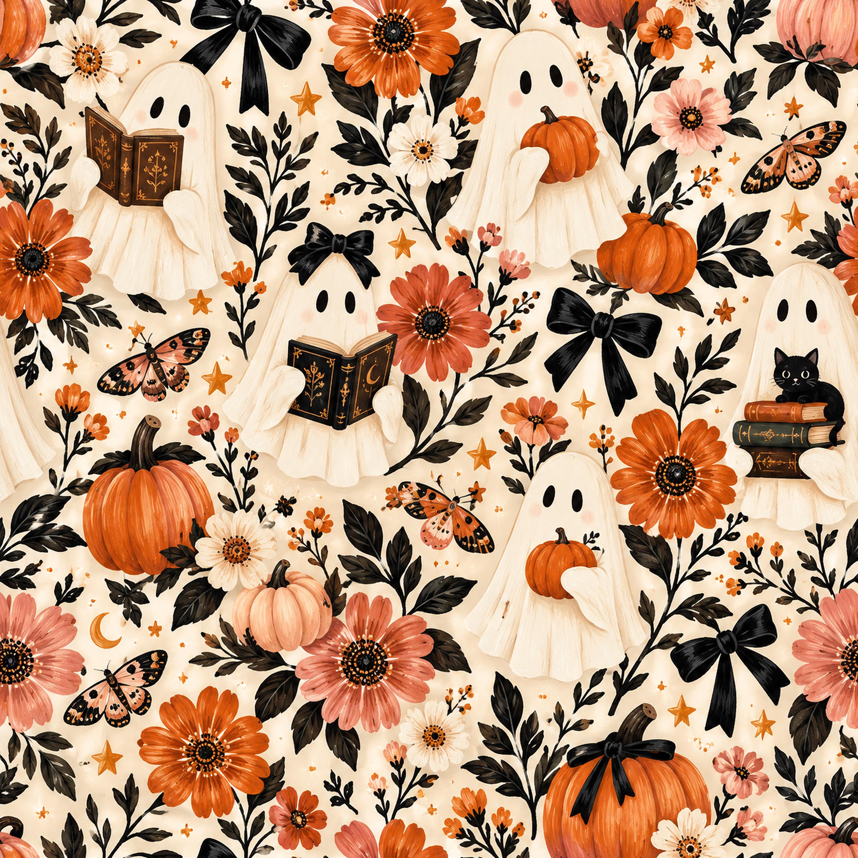 Cute Halloween ghost floral digital pattern with pumpkins, autumn flowers, black bows, moths, books and a black cat on a cream background.