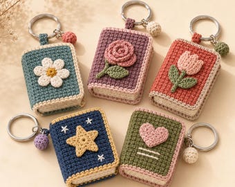 Crochet Book Keychain Pattern Bundle PDF, 5 Tiny Journal Charms (Digital Download)