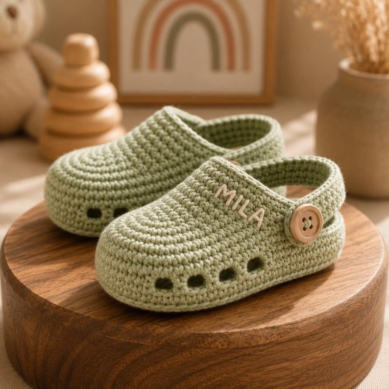 May include: A pair of sage green crochet clogs featuring a rounded toe, perforated side details, and a movable heel strap secured with a light brown wooden button. The side of the shoe is embroidered with the name MILA in white thread.