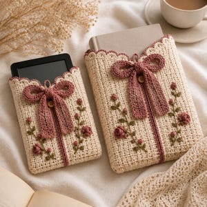 May include: Two cream-coloured crocheted sleeves for a tablet and a book, featuring a scalloped top edge, a dusty rose crocheted bow with a small wooden button, and embroidered green stems with small pink rosebuds on the front panels.