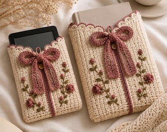 Crochet Kindle Sleeve & Book Cover Pattern Bundle, Rose Bow E-Reader Case PDF