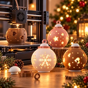 May include: Three spherical, hollow ornaments with cut-out designs including stars, snowflakes, and hearts, illuminated from within. One brown ornament is on a 3D printer, while a white snowflake and brown heart ornament sit on a wooden surface.