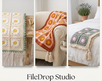 Daisy Granny Square Crochet Blanket Pattern Bundle | 3 Colorways (PDF Download)