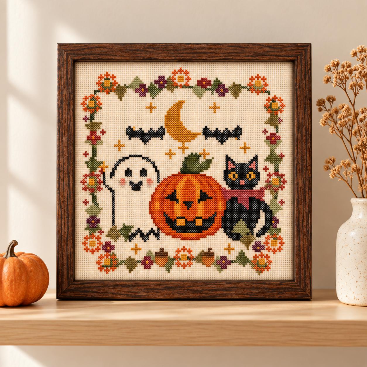 Halloween Cross Stitch Pattern PDF, Ghost Pumpkin Black Cat Crescent Moon, Autumn Floral Sampler, Counted Cross Stitch