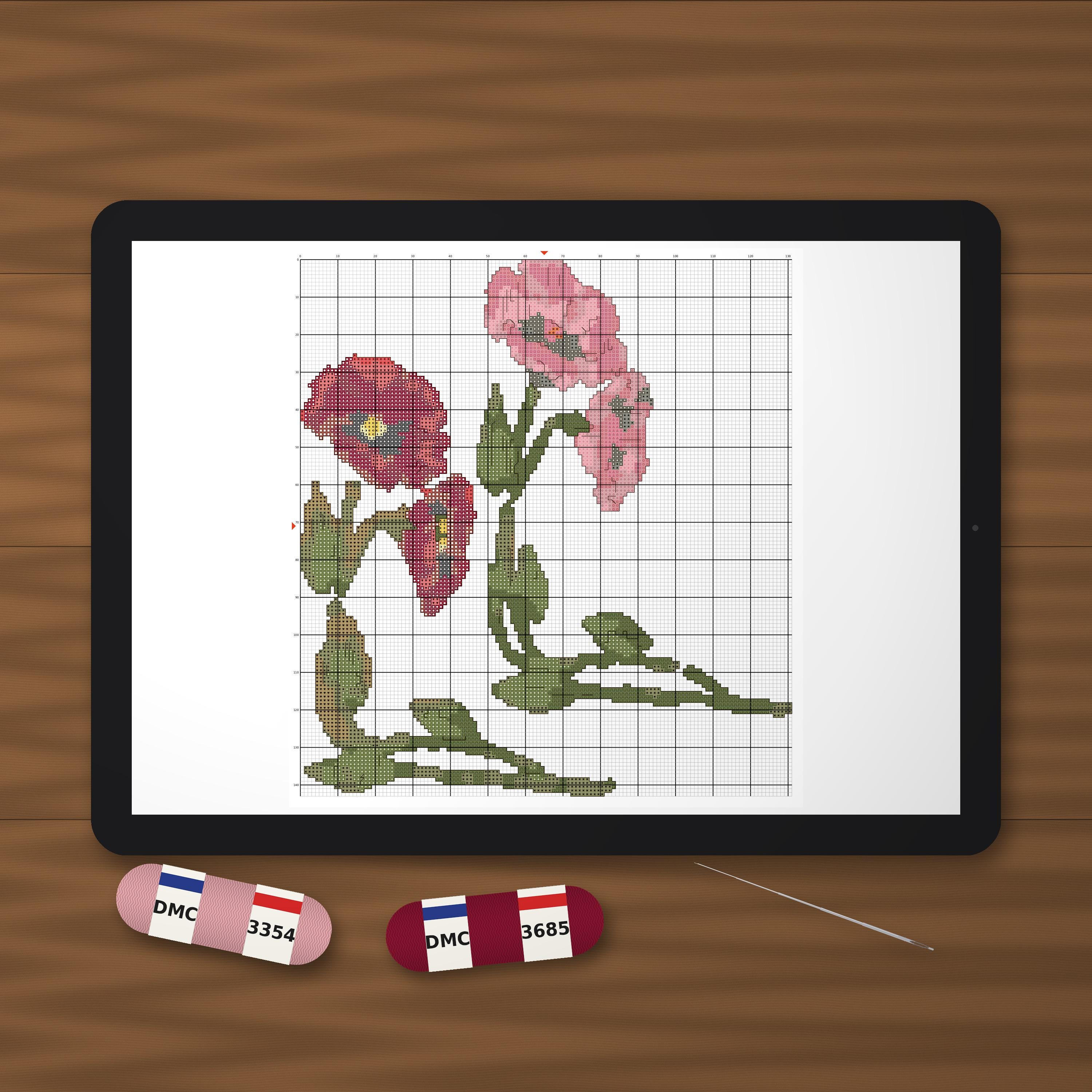 Poppy Cross Stitch Pattern PDF, Red and Pink Poppies Counted Cross Stitch Chart, Pattern Keeper Compatible, Floral Hoop Art, DMC Floss Key
