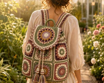 Raised Floral Mandala Backpack Crochet Pattern PDF, Boho Granny Square Drawstring Bag (US Terms)