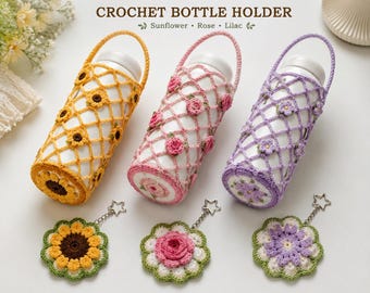 Crochet Bottle Holder Pattern Bundle | Sunflower, Rose, Lotus Drink Carrier (PDF)