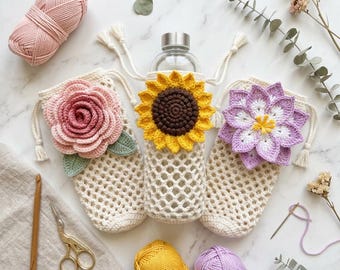 Crochet Drink Carrier Pattern, Rose Sunflower Lotus Flower Bag, Beginner PDF