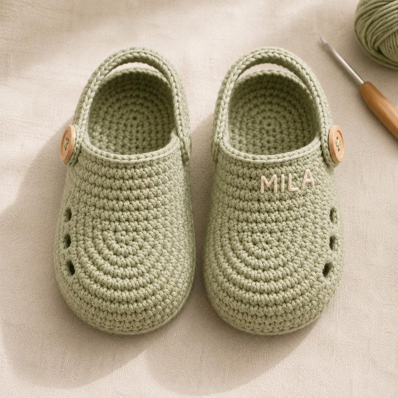 May include: A pair of sage green crocheted clogs featuring a rounded toe, three side ventilation holes, and a pivoting heel strap secured by a light brown wooden button. The right clog is embroidered with the name MILA in white thread.