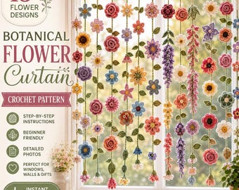 Botanical Flower Crochet Curtain Pattern, 15 Designs, Boho Window Hanging (PDF Download)