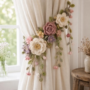 May include: A decorative curtain tieback featuring a cluster of crocheted flowers and leaves in shades of cream, dusty rose, lavender, and sage green. The floral arrangement includes various bloom sizes and trailing vines with small buds.