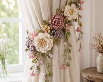 Schema PDF per fermatende floreali all'uncinetto, decorazione botanica in stile cottagecore per finestre