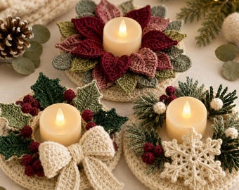 Christmas Candle Holder Crochet Pattern, Poinsettia Holly & Snowflake Candle Ring Trio PDF