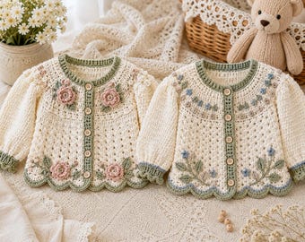 Baby Cardigan Crochet Pattern Bundle: Floral & Woodland Star Sweaters, 0-24 Months PDF