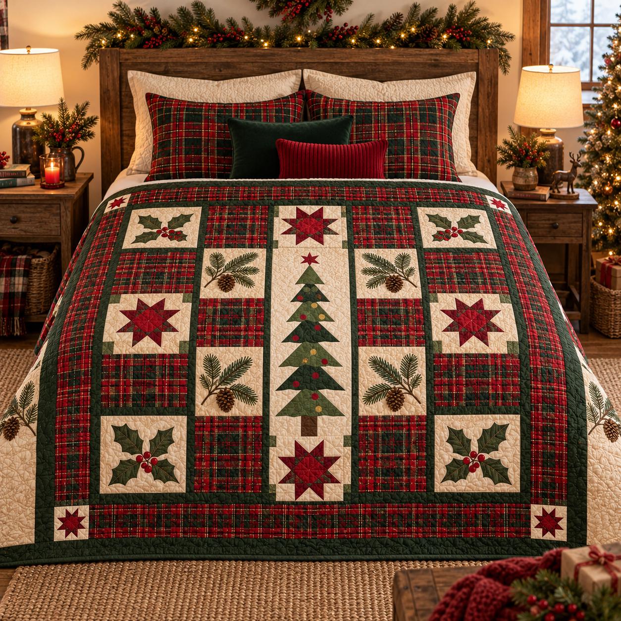 Evergreen Hearth Christmas quilt pattern showing tree, holly, pine, star and plaid patchwork bed quilt