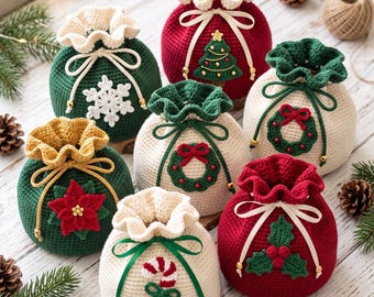 Crochet Gift Bag Pattern | 6 Holiday Appliqués, Beginner Drawstring (PDF Download)