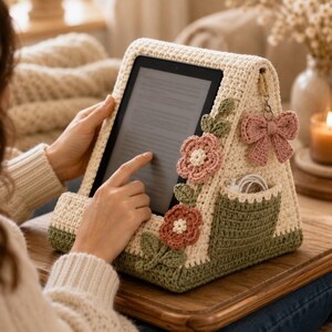 May include: A cream-colored crochet tablet stand with a triangular shape, featuring a dark green base, two pink crocheted flowers with green leaves, a small side pocket containing a white charging cable, and a pink crocheted bow charm.