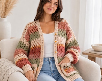 Crochet Cardigan Pattern PDF, Granny Stitch Daisy Cardigan, Balloon Sleeve, Women's XS–3X