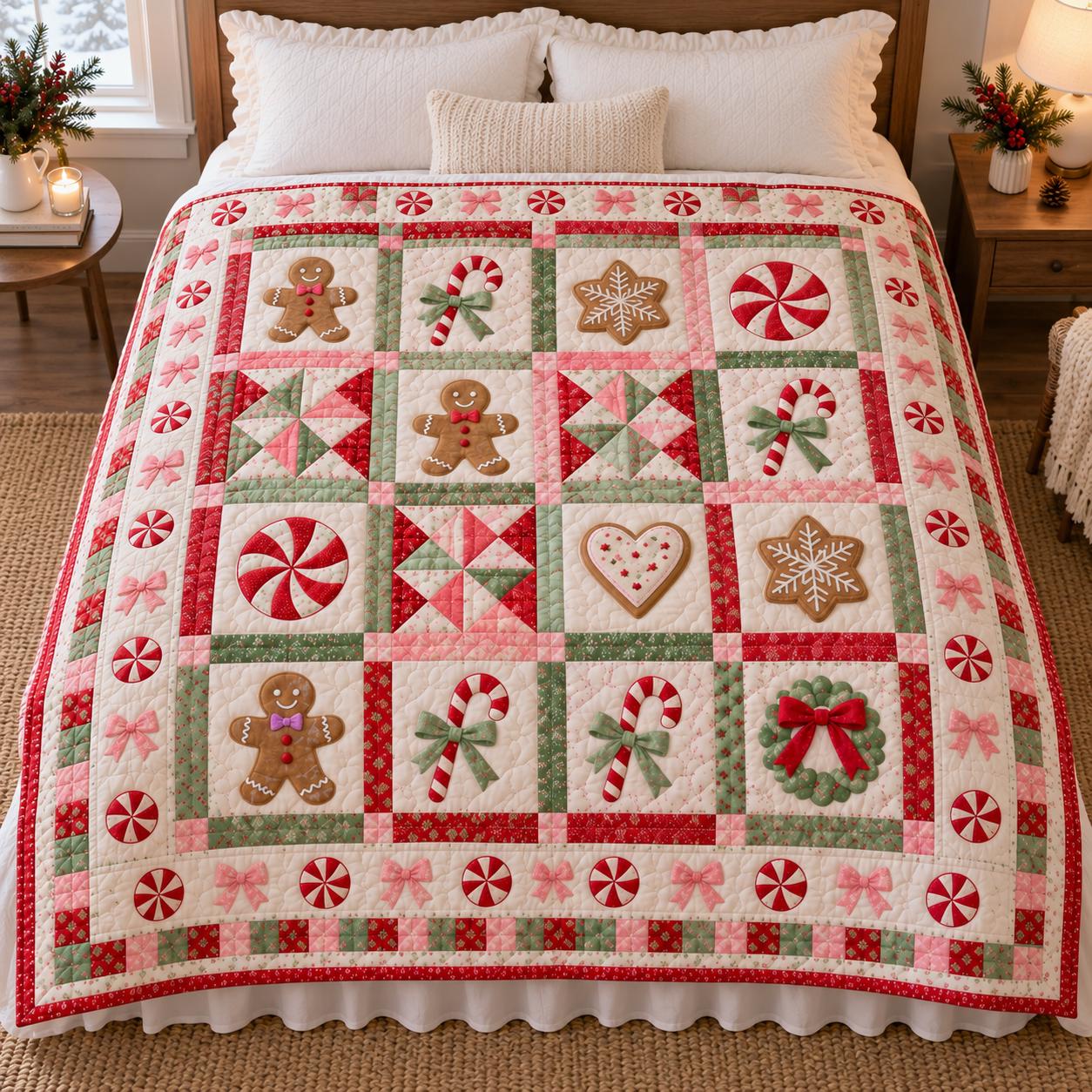 Peppermint and gingerbread Christmas quilt pattern mockup with 4x4 block layout, candy canes, cookies, stars and festive borders.