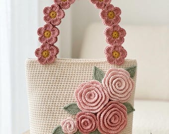 Crochet Rose Bag Pattern | Flower Handle, 3D Rose Purse Tutorial (PDF Download)