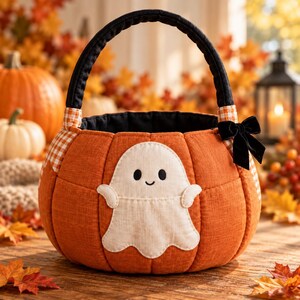 Puede incluir: Una cesta de tela naranja con forma de calabaza, asa negra y un lazo de terciopelo negro en el lateral. La parte frontal presenta un aplique de fantasma blanco con ojos y sonrisa bordados. Los laterales tienen detalles de tela a cuadros naranja y blanco.