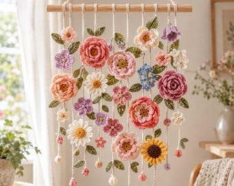 Crochet Floral Wall Hanging Pattern PDF: Boho Wildflower Garland with Roses and Daisies