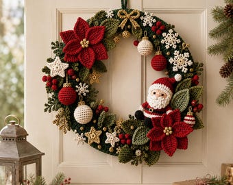 Crochet Christmas Wreath Pattern PDF, Santa Poinsettia Door Wreath, Holiday Decor