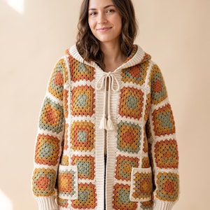 Granny Square Cardigan Crochet Pattern | Patchwork Boho Hoodie Sweater (Digital Download)