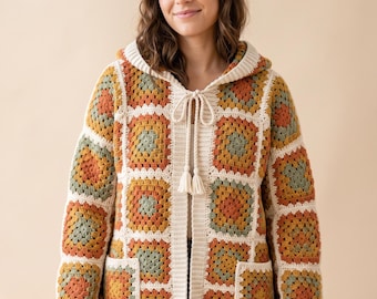 Granny Square Cardigan Crochet Pattern | Patchwork Boho Hoodie Sweater (Digital Download)