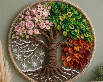 Four Seasons Tree of Life Crochet Pattern (PDF), Boho Botanical Wall Hanging Home Decor