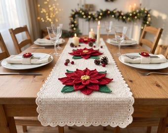 Crochet Poinsettia Table Runner & Napkin Holder Pattern | Christmas Holiday Decor (PDF Download)