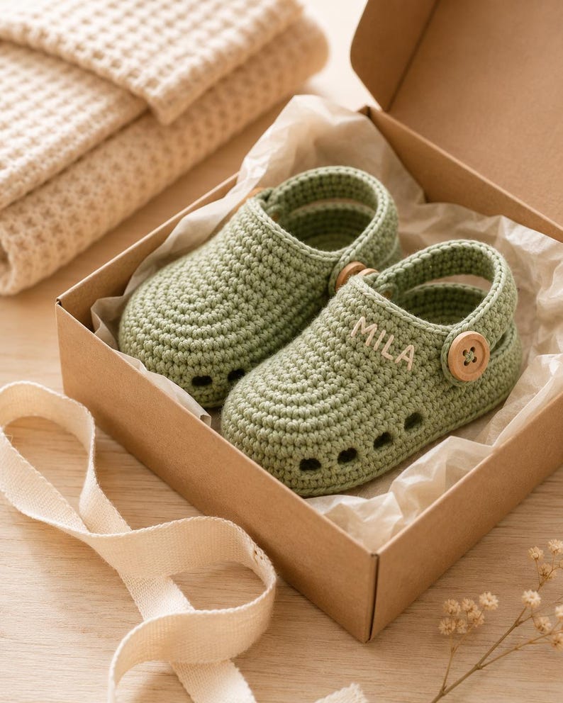 May include: A pair of sage green crocheted baby shoes with a rounded toe, side cutouts, and a wooden button strap. The name MILA is embroidered in white thread on the side of one shoe. The shoes are presented inside a brown cardboard gift box.