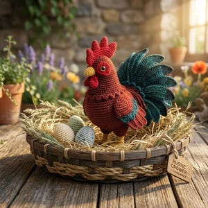 May include: A handcrafted crochet rooster with a red comb, body, and tail feathers in shades of teal and green. It stands in a woven basket with three crochet eggs. The basket rests on a wooden surface, with a tag that reads "Rustic Crower - Handmade".