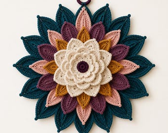 Flower Wall Hanging Crochet Pattern PDF, 3D Botanical Mandala, Layered Petal Wall Art, Boho Home Decor Digital Download