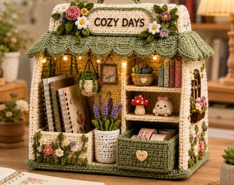 Crochet Cottage Desk Organizer Pattern PDF, Pencil Holder & Craft Storage