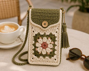 Crochet Phone Bag Pattern, Olive Bloom Botanical Crossbody Pouch (PDF)