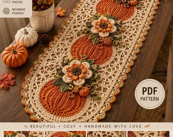 Pumpkin Table Runner Crochet Pattern, Autumn Floral Lace PDF