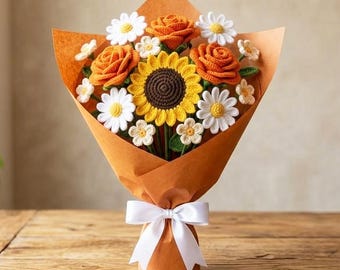 Crochet Flower Bouquet Pattern PDF | Orange Rose, Sunflower, Daisy (Digital Download)