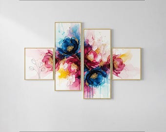 Abstract Floral Wall Art Set | Navy Blue, Magenta, Yellow Alcohol Ink Prints (Digital Download)