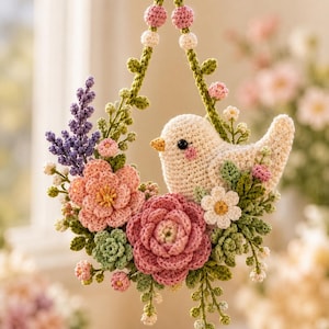 Puede incluir: Un adorno colgante de ganchillo con un pájaro de color crema dentro de una corona de flores rosas y blancas, hojas verdes y ramas de lavanda moradas. La pieza está suspendida por un cordón de pequeñas esferas tejidas en rosa y blanco.