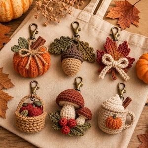 Può includere: Sei portachiavi all'uncinetto a tema autunnale: una zucca arancione con spago, una ghianda marrone con foglie verdi, una foglia d'acero rossa e arancione con un fiocco crema, un cestino di mele rosse, due funghi con bacche e una tazza con panna.