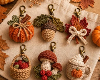 Autumn Crochet Bag Charm Pattern Bundle: 6 Fall Keychains, Pumpkin, Acorn & Mushroom PDF
