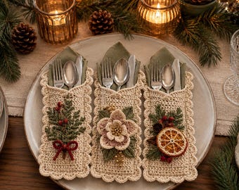 Botanical Christmas Cutlery Pocket Crochet Pattern (PDF), Festive Table Decor Trio